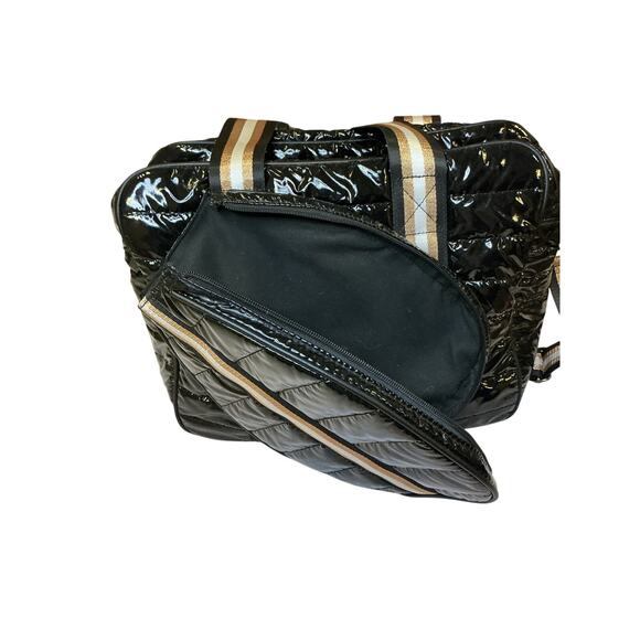 Black Quilted Pickleball Bag Puffer Stripe Strap Paddle Pocket - Picture 6 of 14